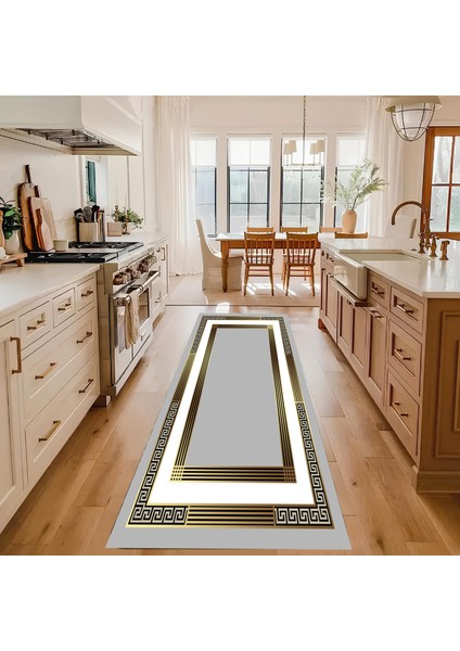 Dijital Baskı Modern Salon Mutfak Koridor Halısı Kaymaz Taban Gri Gold 4001