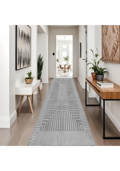 Dijital Baskı Modern Salon Mutfak Koridor Halısı Kaymaz Taban Gri 4006