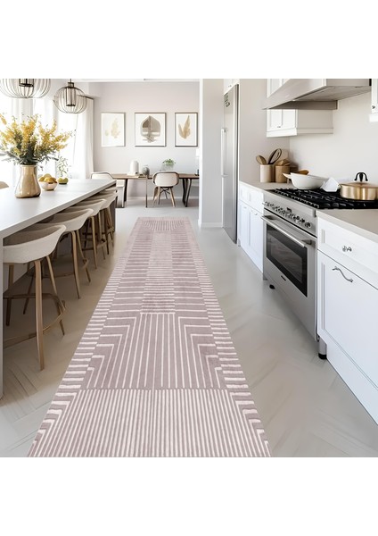 Dijital Baskı Modern Salon Mutfak Koridor Halısı Kaymaz Taban Pembe 4006