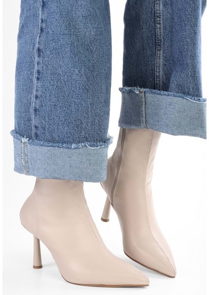 Kadın Glove Bej Cilt Streç Topuklu Bot