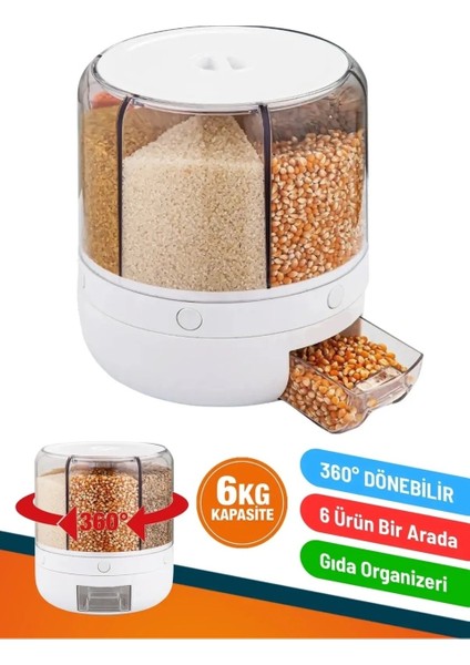 Kuru Gıda Bakliyat Organizer Kutusu 360° Döner 6lı Hava Geçirmez Erzak Saklama Kabı 6 kg Kapasiteli