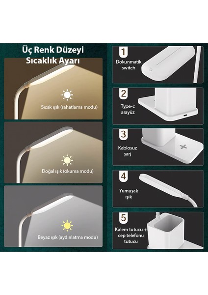 3 Mod Masa Lambası ve Kablosuz Şarj Aleti Ultra Hızlı Şarjlı Iphone Samsung Xiaomi Uyumlu modelleri