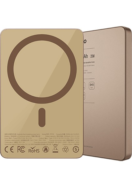 Magsafe Powerbank RP33 Pd 20W Ultra Ince LED Göstergeli Hızlı Şarj Özellikli 15W 5000mAh Gold