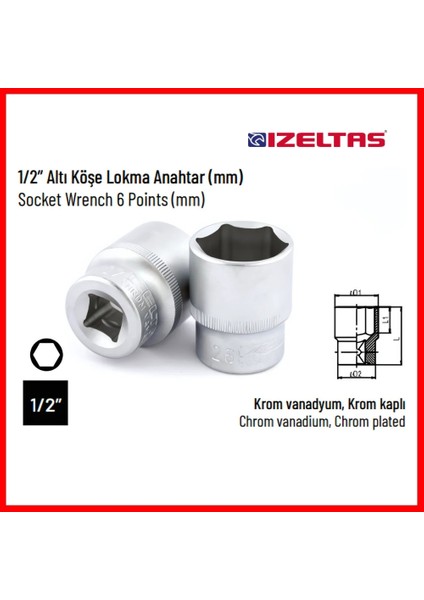 Altı Köşe Lokma Anahtar 1/2 İnç 14 mm Yüksek Tork Dayanımı