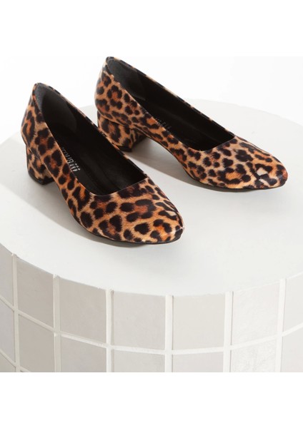 Kadın Leopar Suni Deri Kısa Topuklu Stiletto