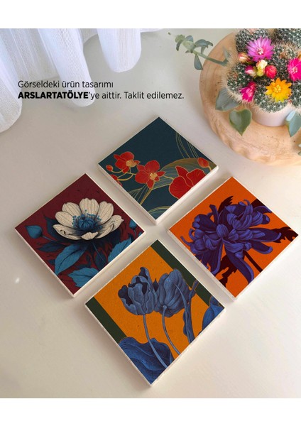 Modern Çiçek Desenli Doğal Taş Bardak Altlığı Seti (4’lü Set)