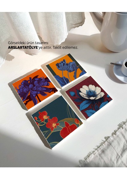 Modern Çiçek Desenli Doğal Taş Bardak Altlığı Seti (4’lü Set) fiyatları