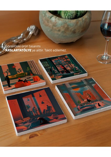 Retro Minimalist Tasarımlı Doğal Taş Bardak Altlığı Seti (4’lü Set)