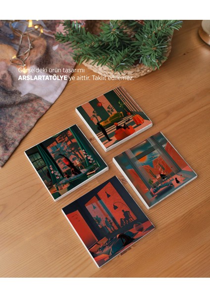 Retro Minimalist Tasarımlı Doğal Taş Bardak Altlığı Seti (4’lü Set)