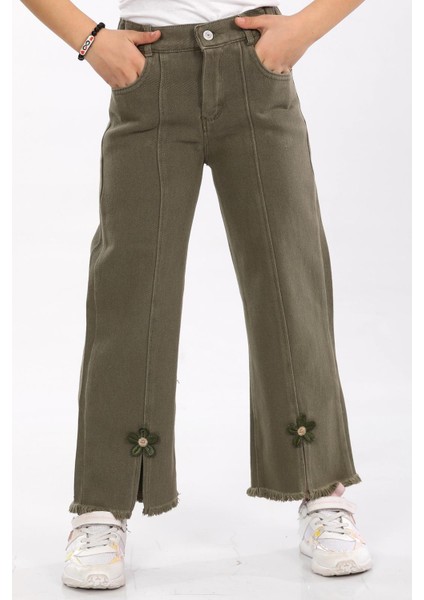 %100 Pamuk-Denim-Paça Tivsitmeli-Papatya Nakışlı-Boydan Dikişli-Kız Çocuk Pantolonu