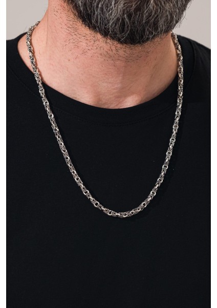 Gümüş 5 mm Erkek Kral Kafes Örgü Oksitli Karartmalı Zincir Kolye