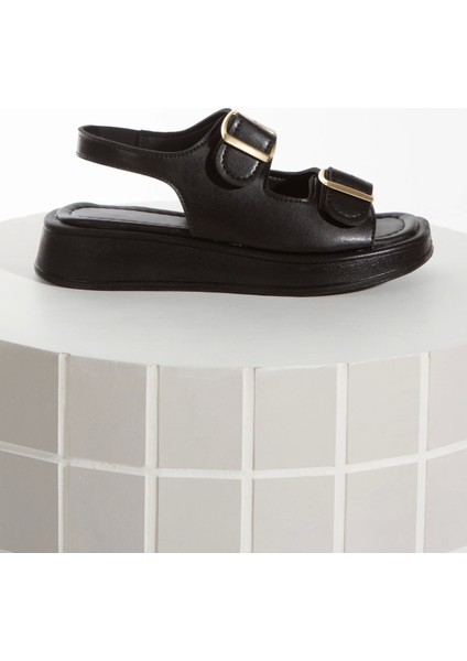 Kadın Kalın Tabanlı Çift Tokalı Sandalet Siyah fiyatları