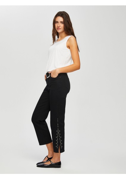 Yanları Trok Detaylı Yırtmaçlı Flare Paça Jean Pantolon 013 modelleri