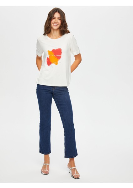 Önü Slogan Baskılı Yuvarlak Yaka Kısa Kol T-Shırt 075