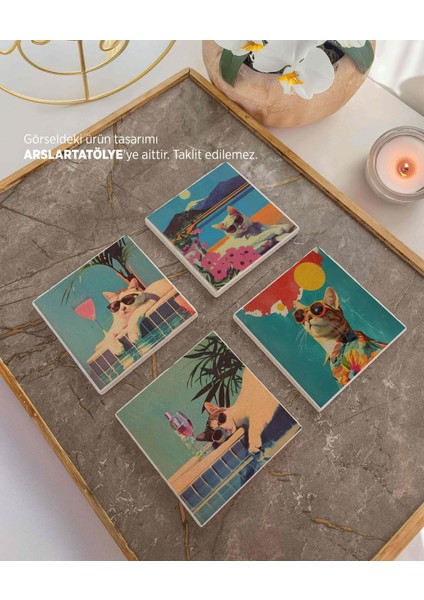 Retro Kedi Temalı Doğal Taş Bardak Altlığı Seti - Renkli ve Eğlenceli (4’lü Set)