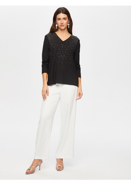 Taş Detaylı V Yaka Uzun Kol T-Shırt 052