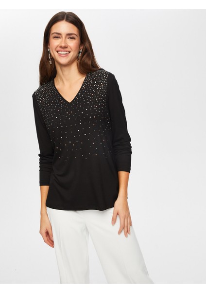 Taş Detaylı V Yaka Uzun Kol T-Shırt 052 fiyatları