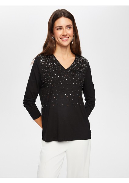 Taş Detaylı V Yaka Uzun Kol T-Shırt 052 fırsatları