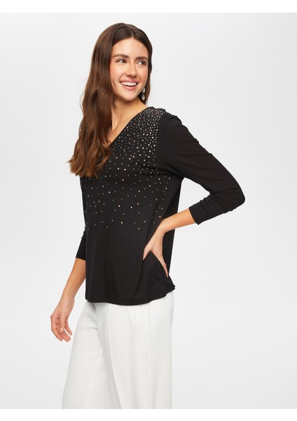 Taş Detaylı V Yaka Uzun Kol T-Shırt 052 indirimleri