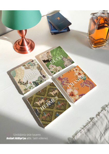 Lüks Marka Temalı Taş Bardak Altlığı Seti Gucci Chanel Hermes Dior(4’lü Set)