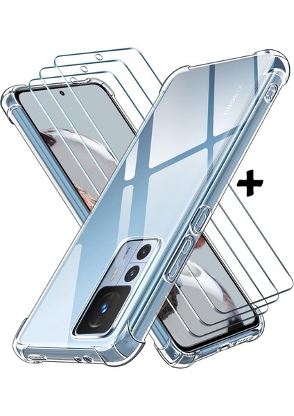 Xiaomi Mi 12T - Mi 12T Pro Uyumlu Kılıf Köşe Korumalı Darbeye Dayanıklı Antişok Şeffaf Silikon + 9h Ekran Koruyucu Cam 2in1 Set