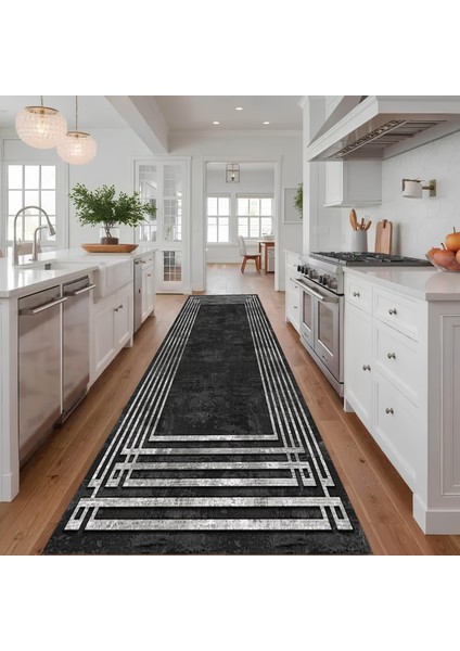 Dekoratif Salon Mutfak Koridor Halısı Modern Siyah 4013 modelleri