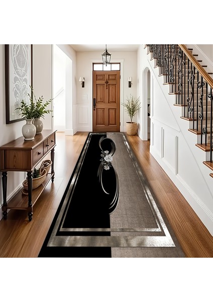 Dekoratif Salon Mutfak Koridor Halısı Modern Vizon Siyah 4011