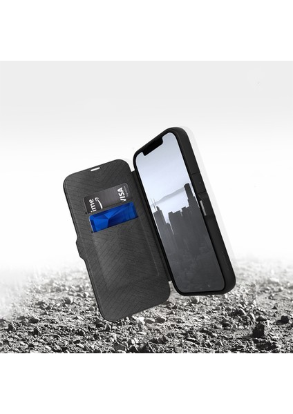 iPhone 13 Kılıf Vegan Deri Tasarımlı Şeffaf Kartlıklı Raptic Urban Folio Serisi Kapak Siyah indirimleri