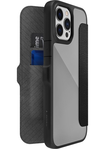 iPhone 13 Pro Max Kılıf Vegan Deri Tasarımlı Şeffaf Kartlıklı Raptic Urban Folio Serisi Kapak Siyah