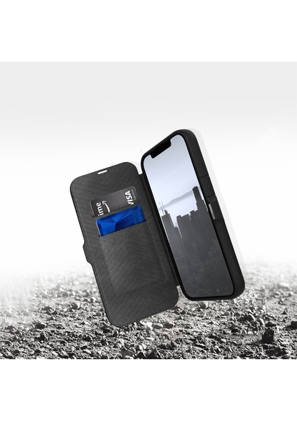 iPhone 13 Pro Max Kılıf Vegan Deri Tasarımlı Şeffaf Kartlıklı Raptic Urban Folio Serisi Kapak Siyah