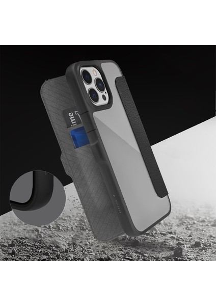 iPhone 13 Pro Max Kılıf Vegan Deri Tasarımlı Şeffaf Kartlıklı Raptic Urban Folio Serisi Kapak Siyah