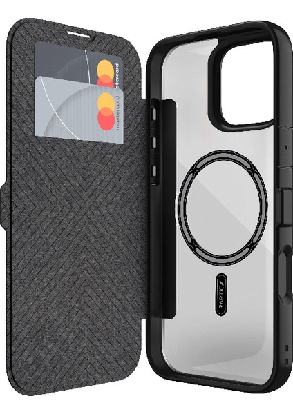 iPhone 16 Kılıf Magsafe Uyumlu Vegan Deri Şeffaf Kartlıklı Raptic Urban Folio Serisi Kapak Siyah