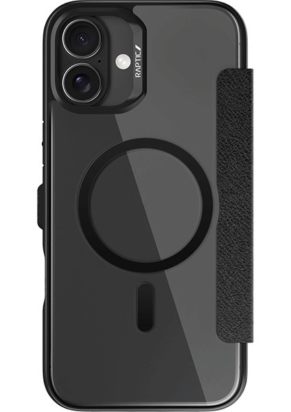 iPhone 16 Kılıf Magsafe Uyumlu Vegan Deri Şeffaf Kartlıklı Raptic Urban Folio Serisi Kapak Siyah