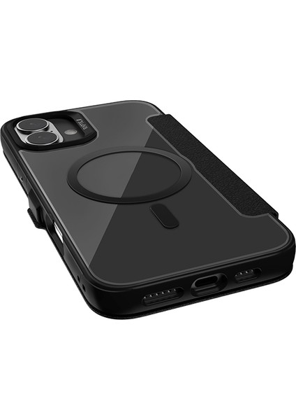 iPhone 16 Kılıf Magsafe Uyumlu Vegan Deri Şeffaf Kartlıklı Raptic Urban Folio Serisi Kapak Siyah