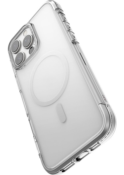 iPhone 16 Pro Max Kılıf Magsafeli Raptic Air Serisi Airbagli Metal Köşelikli Şeffaf Kapak Gümüş modelleri