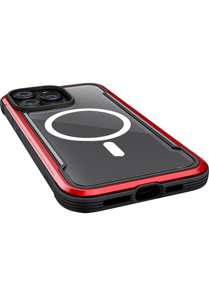 iPhone 15 Pro Max Kılıf Magsafe Uyumlu Airbagli Raptic Shield Serisi Şeffaf Arka Yüzey Kapak Kırmızı