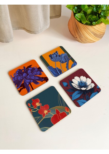 Modern Çiçek Desenli Ahşap Bardak Altlıkları - 4’lü Set, Şık ve Kullanışlı Tasarım