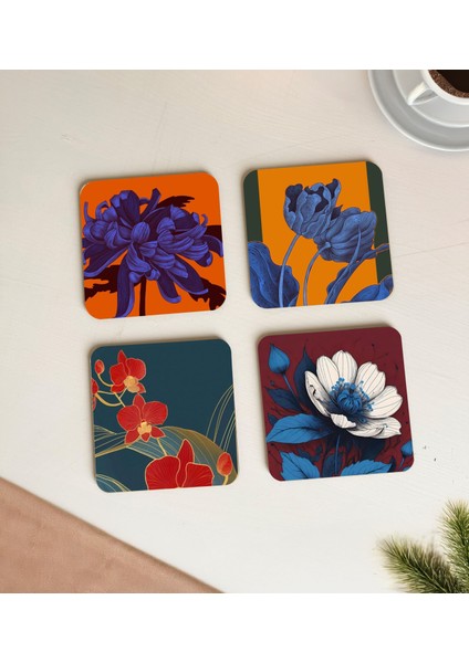 Modern Çiçek Desenli Ahşap Bardak Altlıkları - 4’lü Set, Şık ve Kullanışlı Tasarım fiyatları