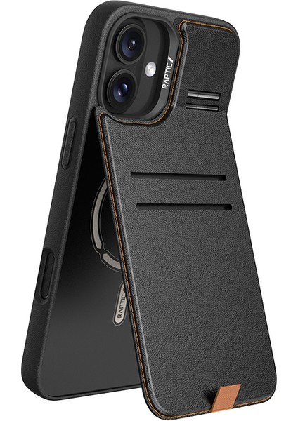 iPhone 16 Plus Kılıf Magsafeli Raptic Slim Wallet Serisi Deri Kartlıklı Standlı Kapak Siyah