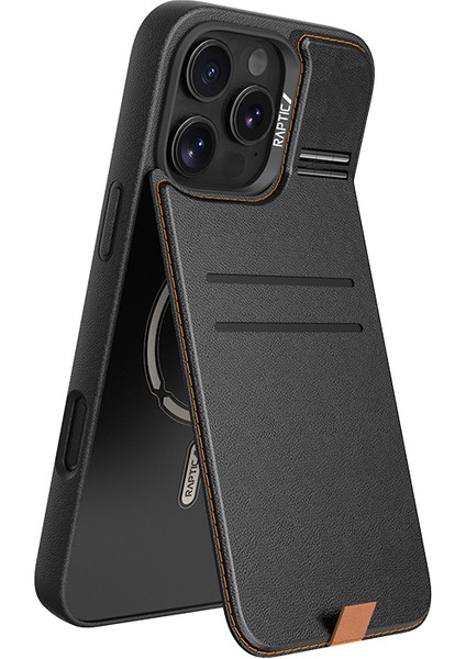 iPhone 16 Pro Max Kılıf Magsafeli Raptic Slim Wallet Serisi Deri Kartlıklı Standlı Kapak Siyah