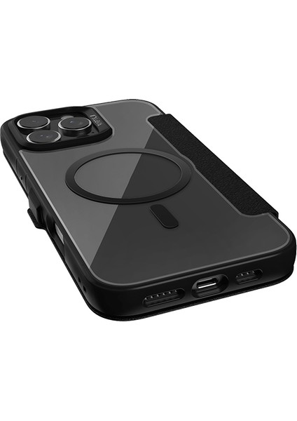 iPhone 16 Pro Kılıf Magsafe Uyumlu Vegan Deri Şeffaf Kartlıklı Raptic Urban Folio Serisi Kapak Siyah modelleri