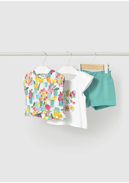 Yazlık Kız Bebek 2 T-Shırtlı 3'lü Şort Takım - Turuncu - Yeşil