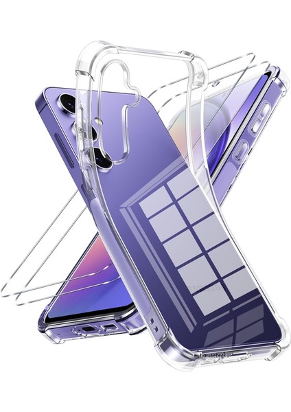 Samsung Galaxy M34 Kılıf Köşe Korumalı Darbeye Dayanıklı Antişok Şeffaf Silikon Kapak + 9h Ekran Koruyucu Cam 2in1 Set