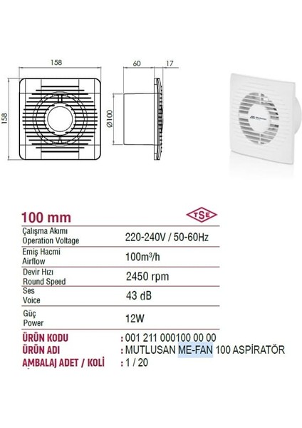 Me-Fan 100'LÜK Havalandırma Aspiratörü fırsatları