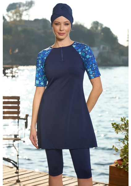 Kısa Kollu Yarı Kapalı Mayo 24826 Lacivert modelleri