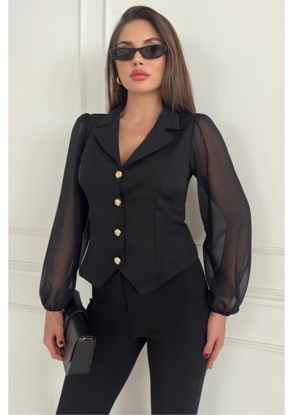 Ceket Yaka Kolları Şifon Gold Düğme Detaylı Kadın Ceket 026 fiyatları