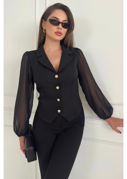 Ceket Yaka Kolları Şifon Gold Düğme Detaylı Kadın Ceket 026
