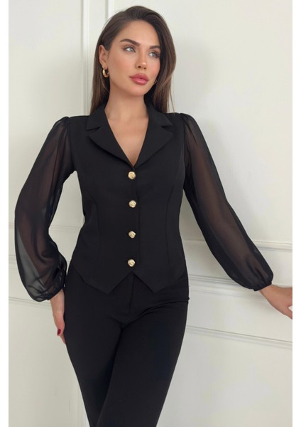 Ceket Yaka Kolları Şifon Gold Düğme Detaylı Kadın Ceket 026 modelleri