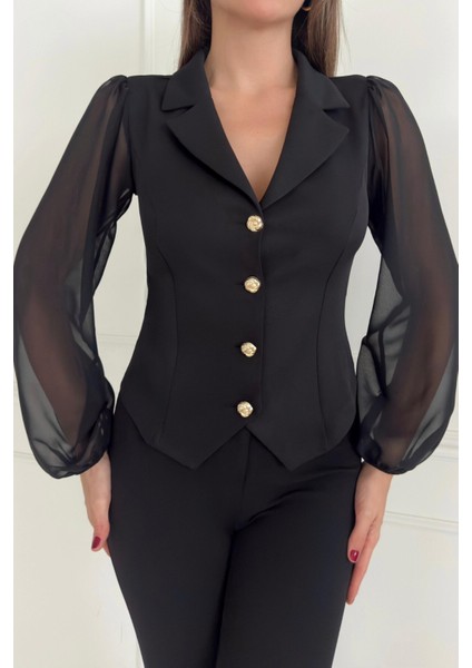 Ceket Yaka Kolları Şifon Gold Düğme Detaylı Kadın Ceket 026 fırsatları