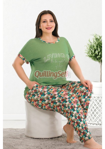Yeşil Renk ve Desenli 10935 Kısa Kollu Kadın Büyük Beden Anne Pijama Takımı fiyatları
